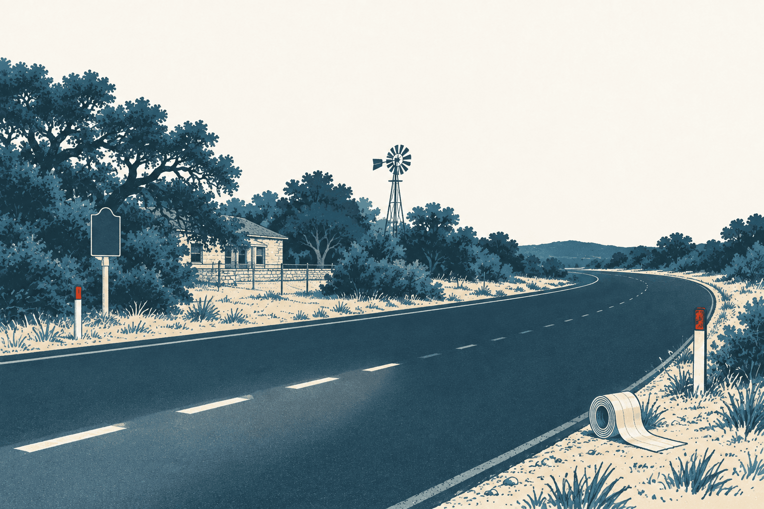 Illustrated rural highway with bright lane markings, roadside trees, a windmill and a roll of striping material on the shoulder.