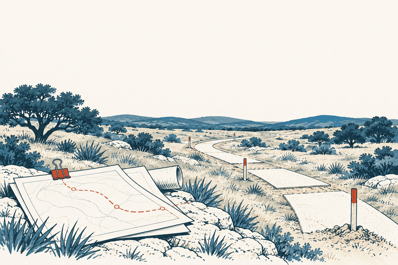 An illustrated map marked with a dotted route lies beside unfinished trail segments winding through a cream, navy and muted-blue Hill Country landscape.