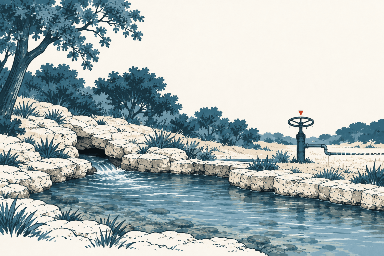 Stylized cream and muted-blue illustration of a clear, stone-lined stream flowing through a dry Hill Country landscape, with a water-control valve and pipeline on the bank.