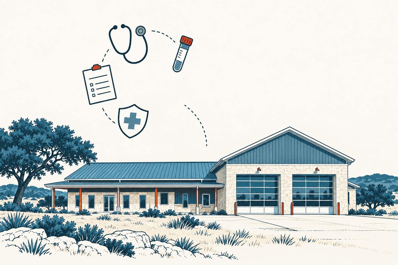 Stylized cream, navy and muted-blue illustration of a fire station beneath icons representing a stethoscope, blood test, health checklist and medical protection.