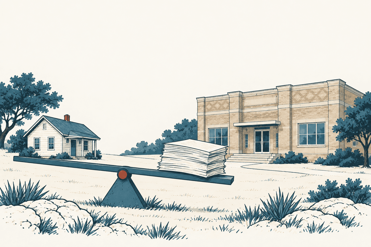 Stylized cream, navy and muted-blue illustration of a small house and civic building behind a seesaw-like balance beam holding a stack of papers.