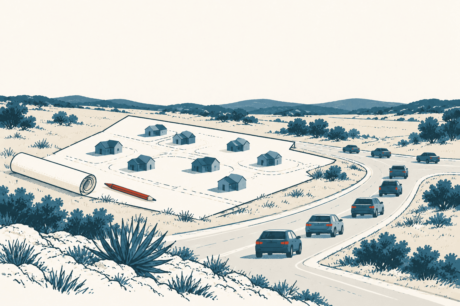 Editorial illustration of a rolled-out site plan with small houses beside a curving, traffic-filled road in a cream, navy and muted-blue Hill Country landscape.