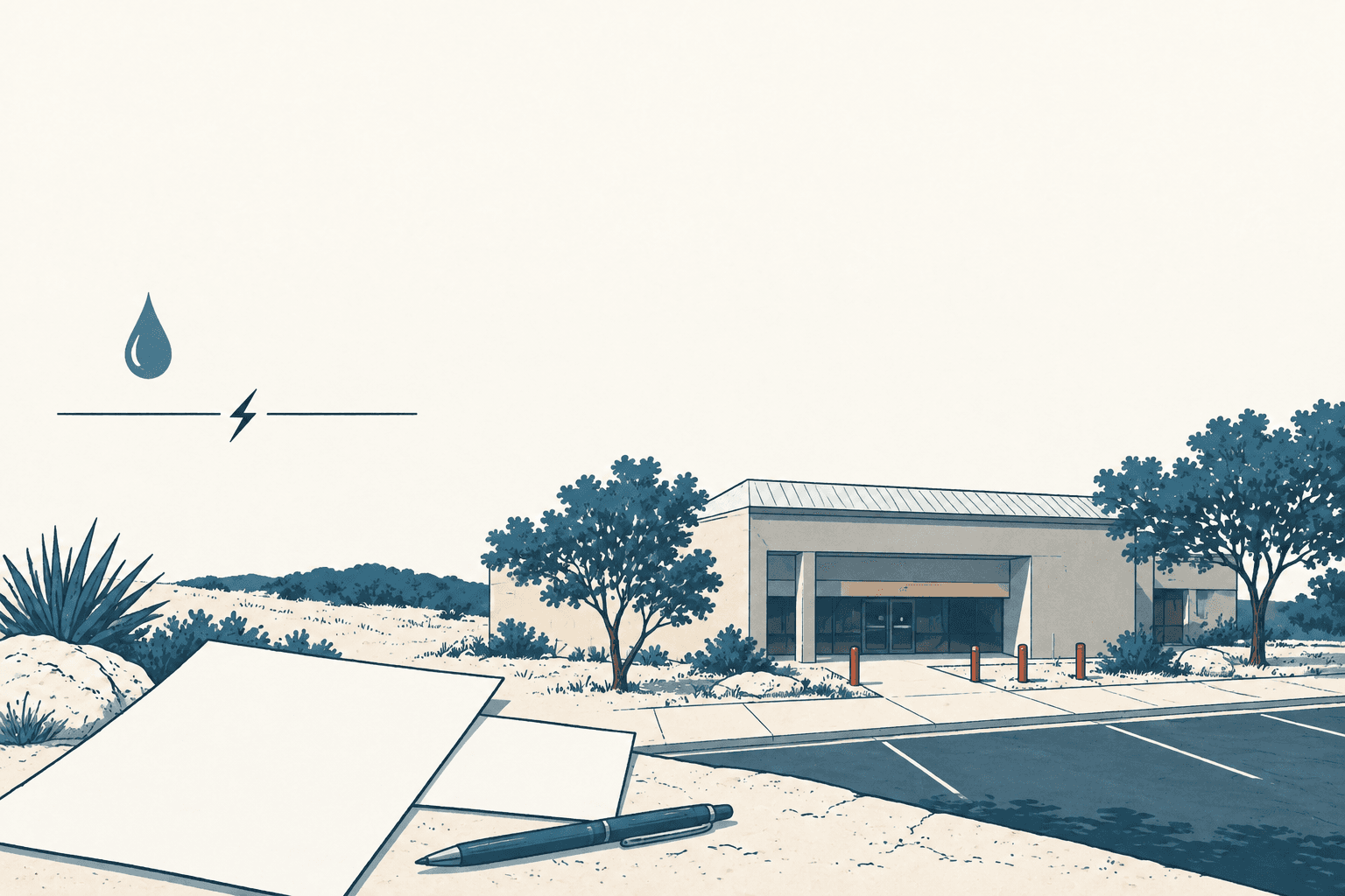 Cream and blue illustration of blank papers and a pen before a low building, with a water droplet and lightning symbol above.