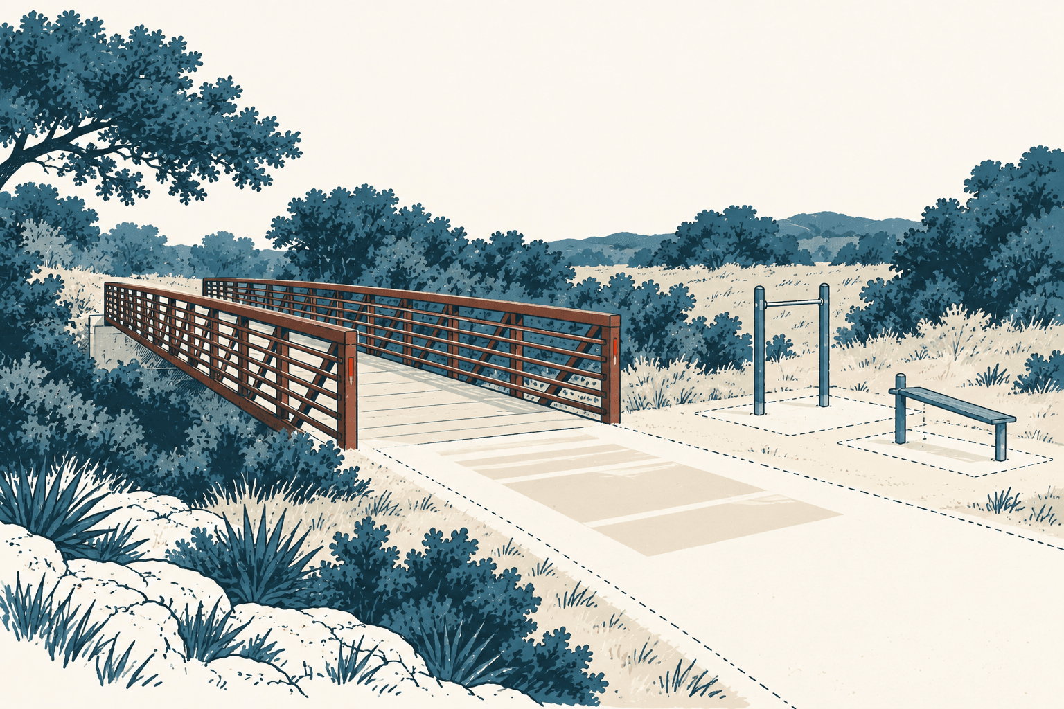 Airy cream and muted-blue illustration of a broad trail leading over a rust-colored pedestrian bridge, with exercise bars and a bench among Hill Country trees and grasses.