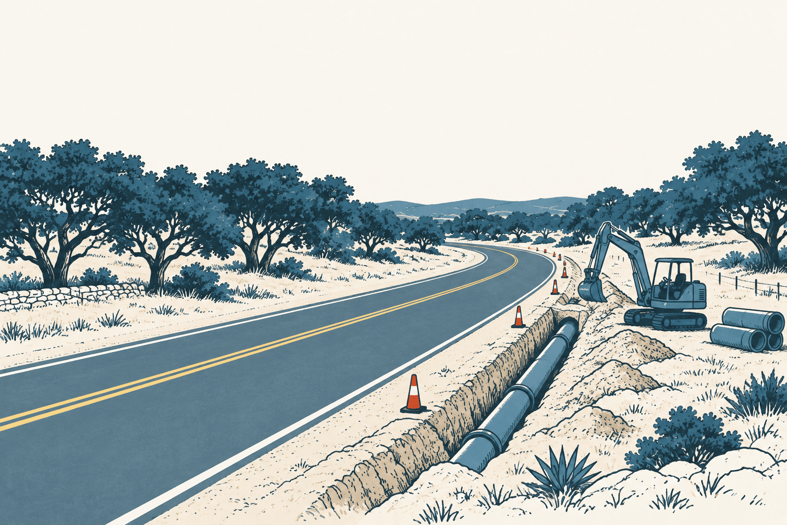 Editorial illustration of a large water pipe in a roadside trench, with an excavator and traffic cones amid a cream-and-muted-blue Hill Country landscape.