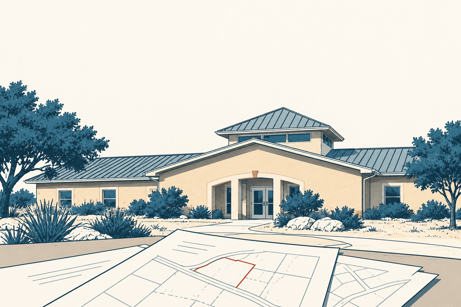 Airy cream and muted-blue illustration of a civic building framed by trees and shrubs, with site plans spread across the foreground.