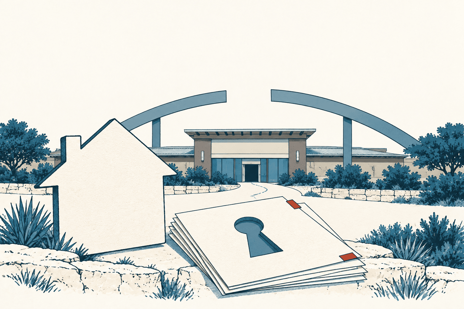 Stylized cream, navy and muted-blue illustration of a house silhouette and property documents with a keyhole in front of a civic building.