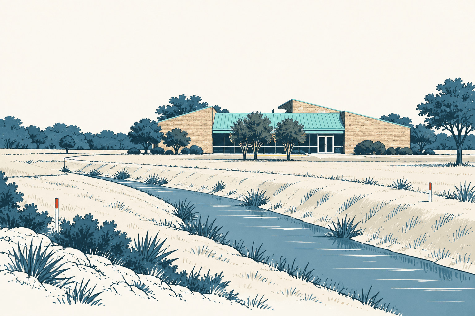 A blue drainage channel curves through pale grass toward a low brick building with a teal roof and surrounding trees.