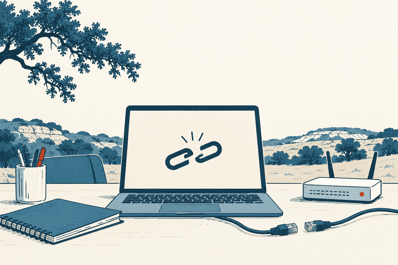 Illustration of a laptop displaying a broken link symbol beside a router and disconnected Ethernet cable, set against a muted blue Hill Country landscape.
