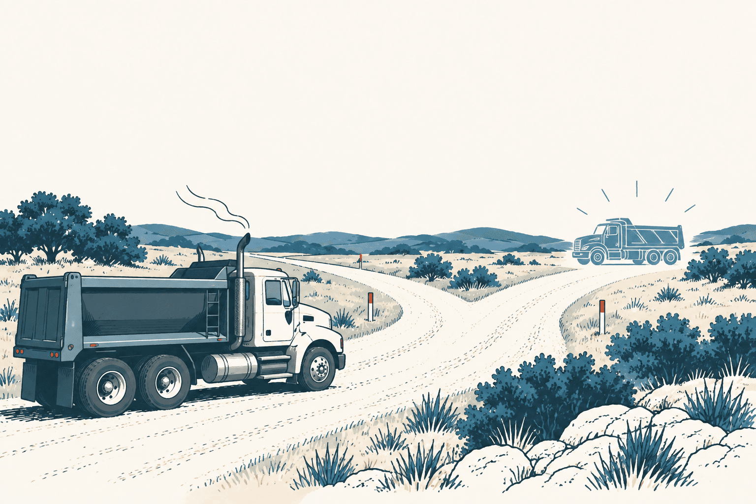 Airy cream, navy and muted-blue illustration of two heavy-duty dump trucks on a winding rural road amid low hills and brush.