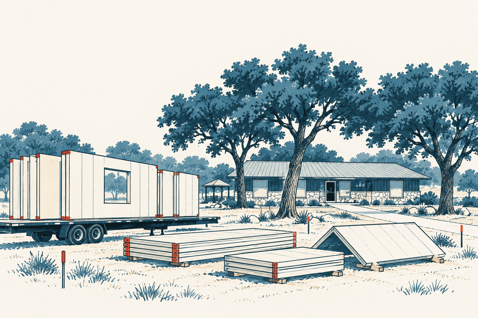 Editorial illustration of modular wall panels and roof sections beside a trailer-mounted structure at a tree-lined parks operations site.