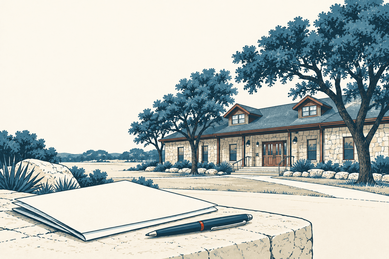 An open blank notebook and pen sit on a stone ledge before a low stone building framed by blue trees.