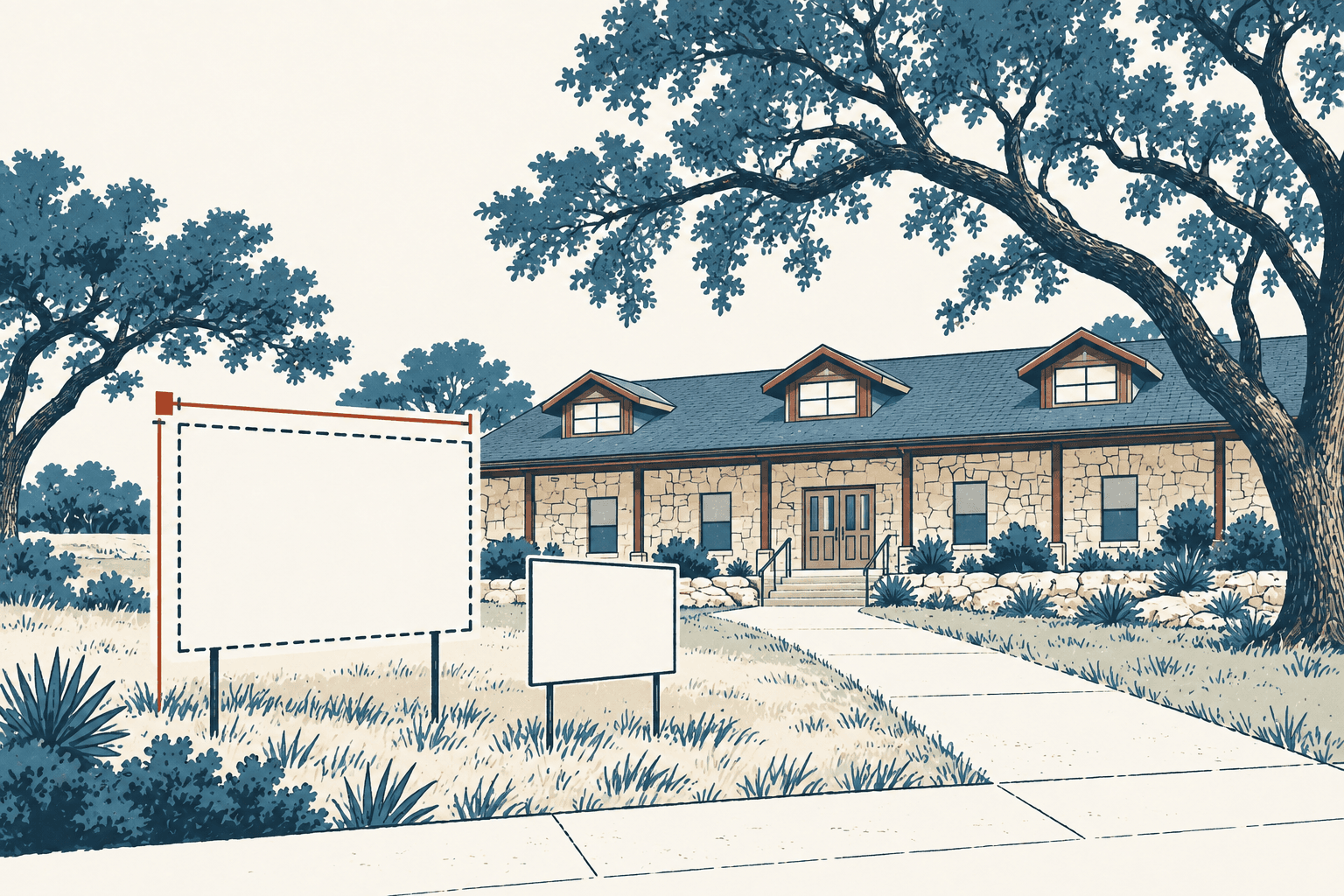 Stylized cream, navy and muted-blue illustration of two blank campaign signs on the lawn outside a stone civic building.