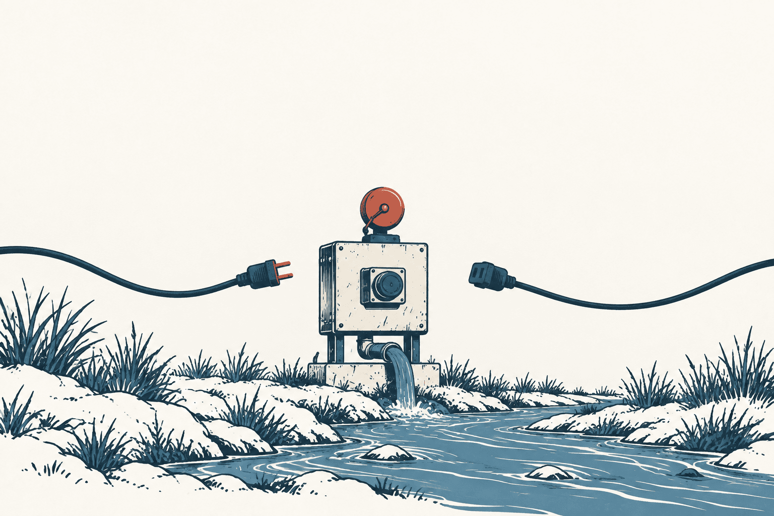 Editorial illustration of utility equipment discharging water into a river beneath an alarm bell, flanked by two disconnected electrical cords.