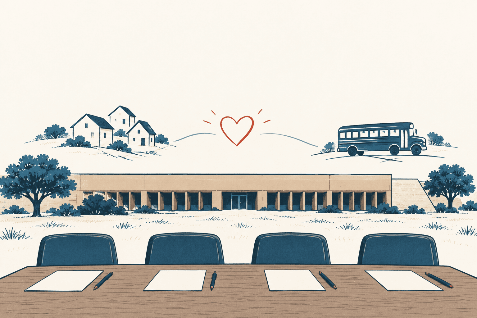 Four empty chairs and papers face a school building, with houses, a heart and a school bus above it.