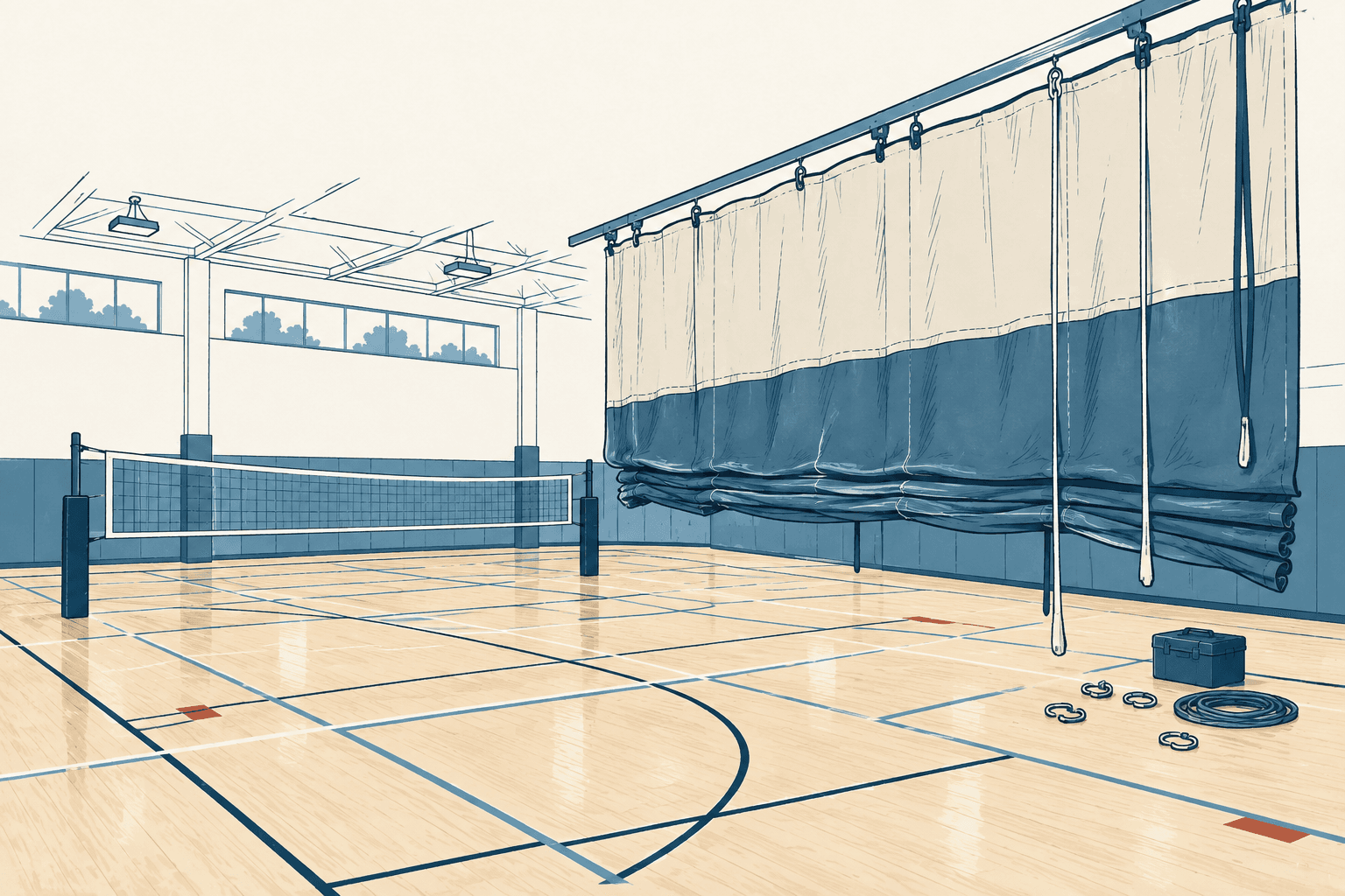 Airy cream and muted-blue illustration of an empty indoor recreation court with raised gym curtains, hanging ropes, a net, and maintenance equipment.