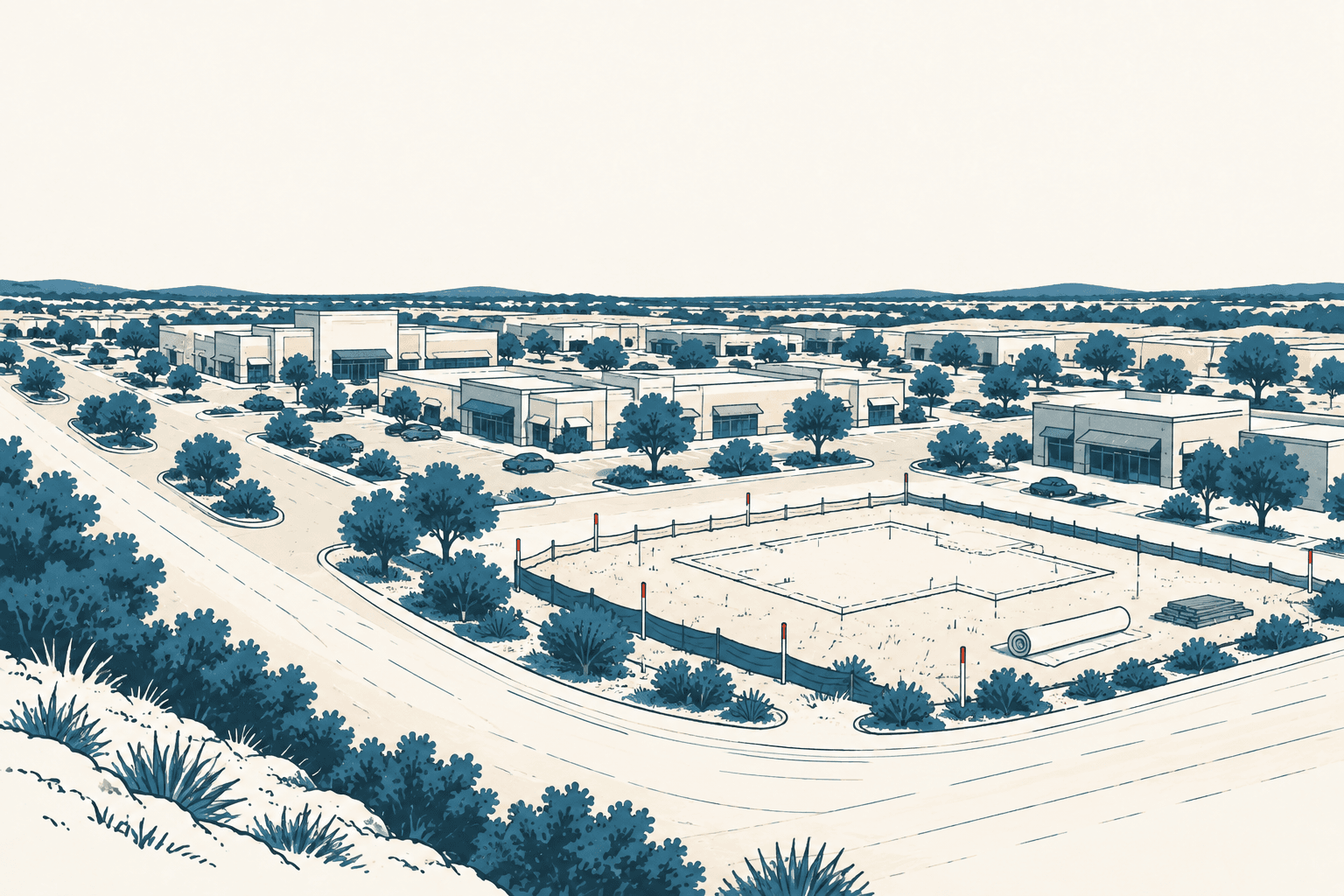 Airy cream and muted-blue illustration of a fenced construction site surrounded by shops, parking lots, roads and landscaped trees.