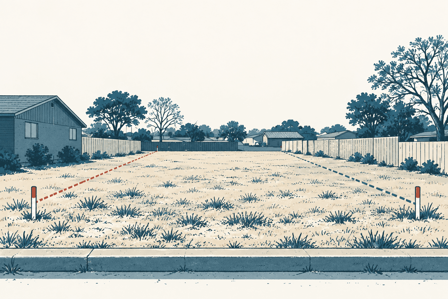 Stylized cream and muted-blue illustration of an empty neighborhood lot marked by red and blue dashed boundary lines.