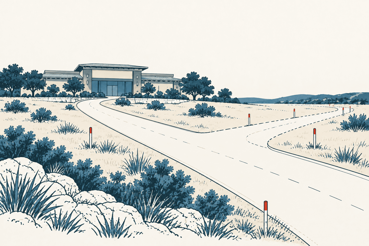 An illustrated curving roadway beside a modern civic-style building, surrounded by rocks, shrubs and distant hills.