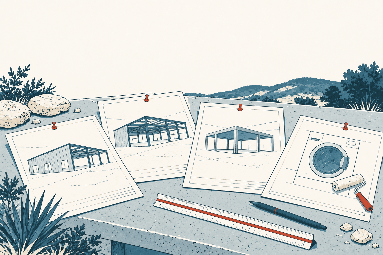 Architectural drawings of three commercial buildings and a laundromat renovation arranged with a ruler, pen and paint roller on an outdoor drafting surface.