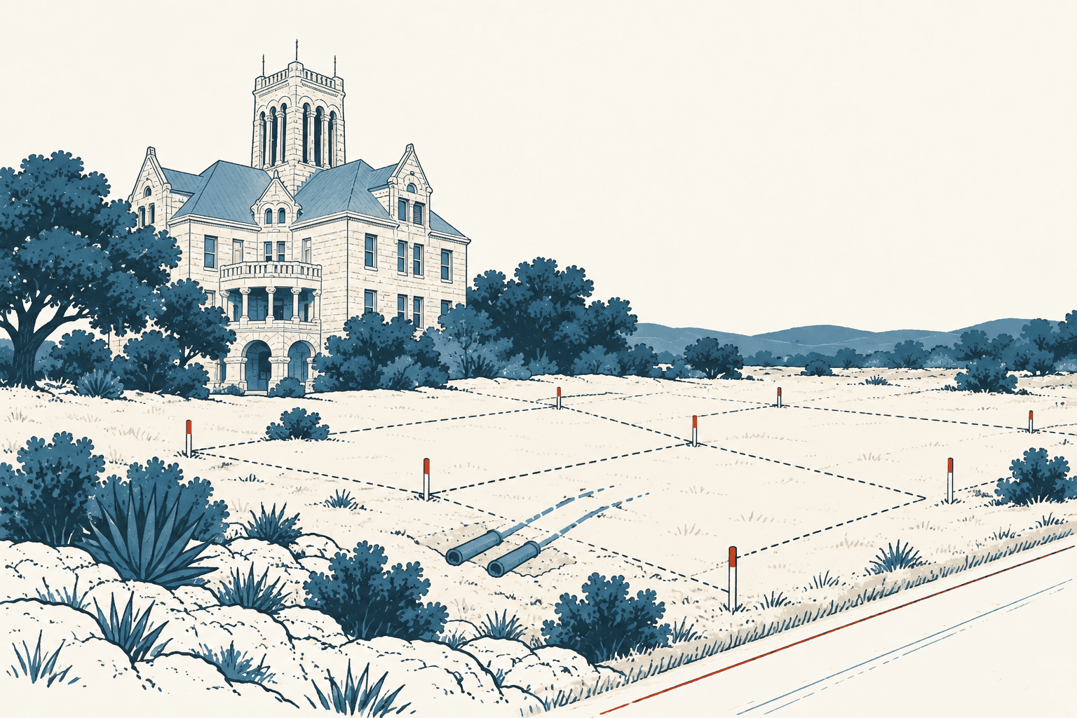Airy cream and muted-blue illustration of marked residential lots, utility pipes and a roadside near a large historic-style building in a rural landscape.