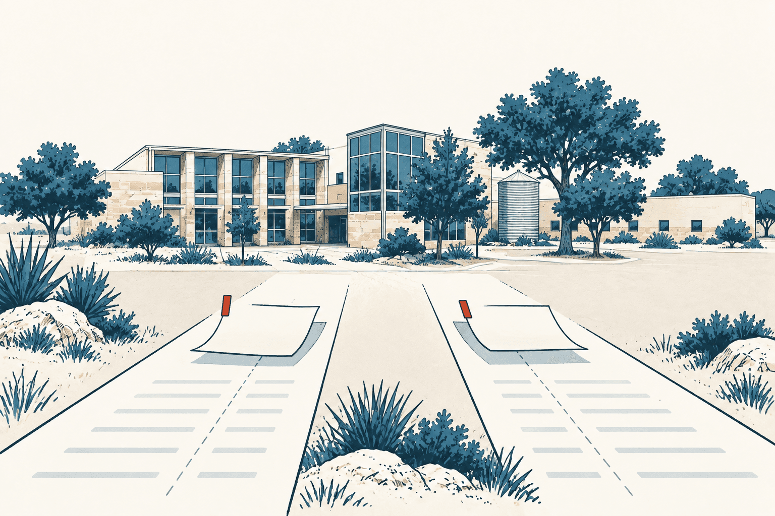 Stylized cream, navy and muted-blue illustration of two unmarked ballots on pathways outside a modern public agency building, with trees and native landscaping.
