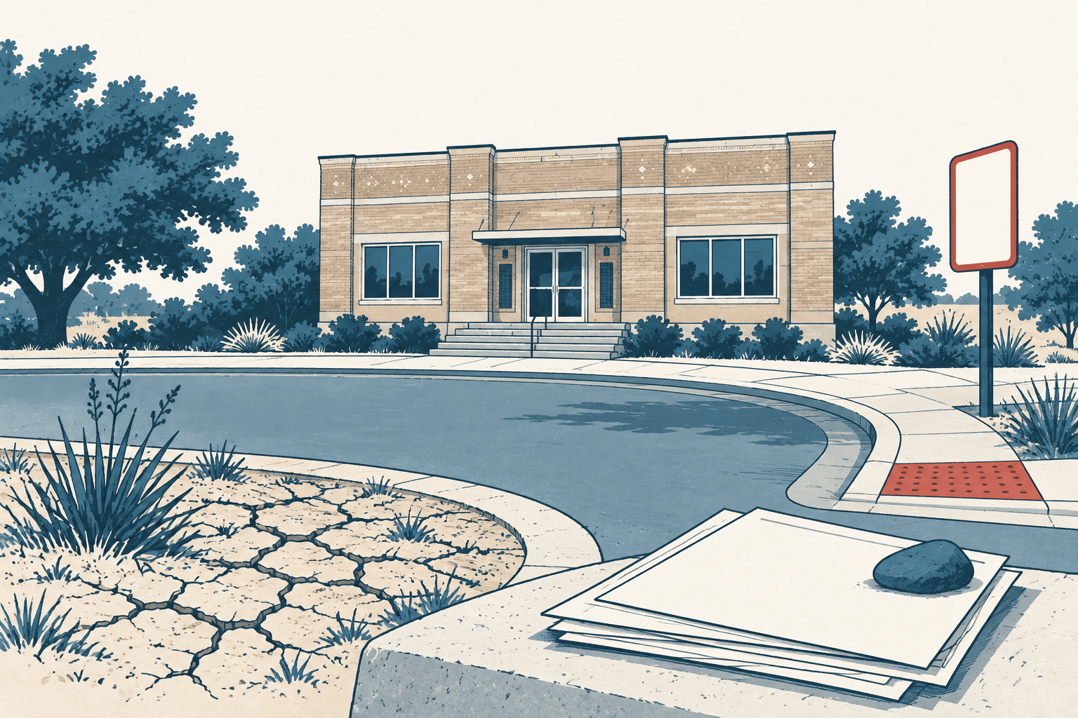 Editorial illustration of a civic building beside a curved street, with cracked dry ground, blank agenda papers and an empty roadside sign in an airy cream, navy and muted-blue palette.
