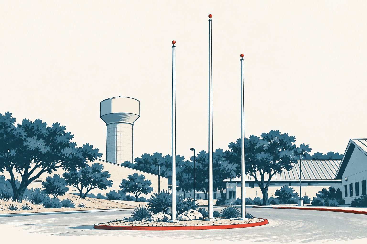 Airy cream, navy and muted-blue illustration of an empty municipal complex with three flagpoles, a water tower, trees and low civic buildings.