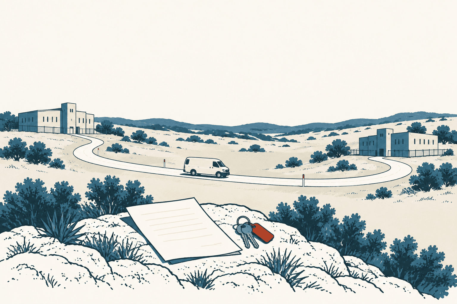 Editorial illustration of a white transport van on a winding road between two rural jail buildings, with agreement papers and a set of keys on a rocky ledge.