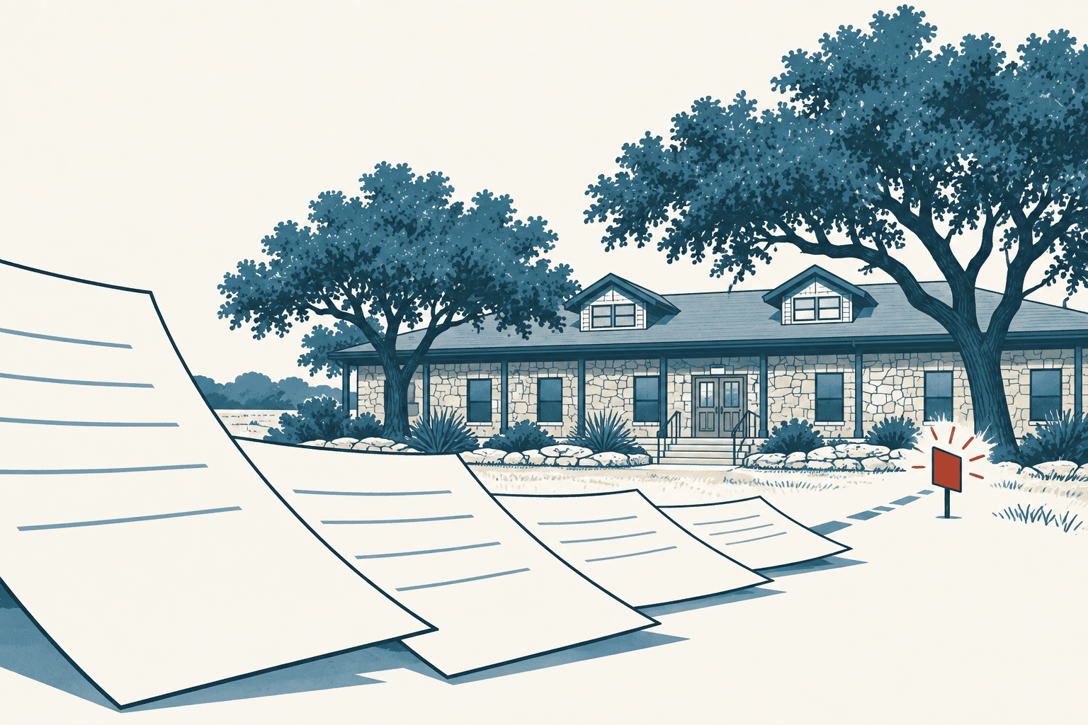 Stylized cream, navy and muted-blue illustration of oversized budget papers leading toward a stone municipal building, with a small red sign suggesting an upcoming council decision.