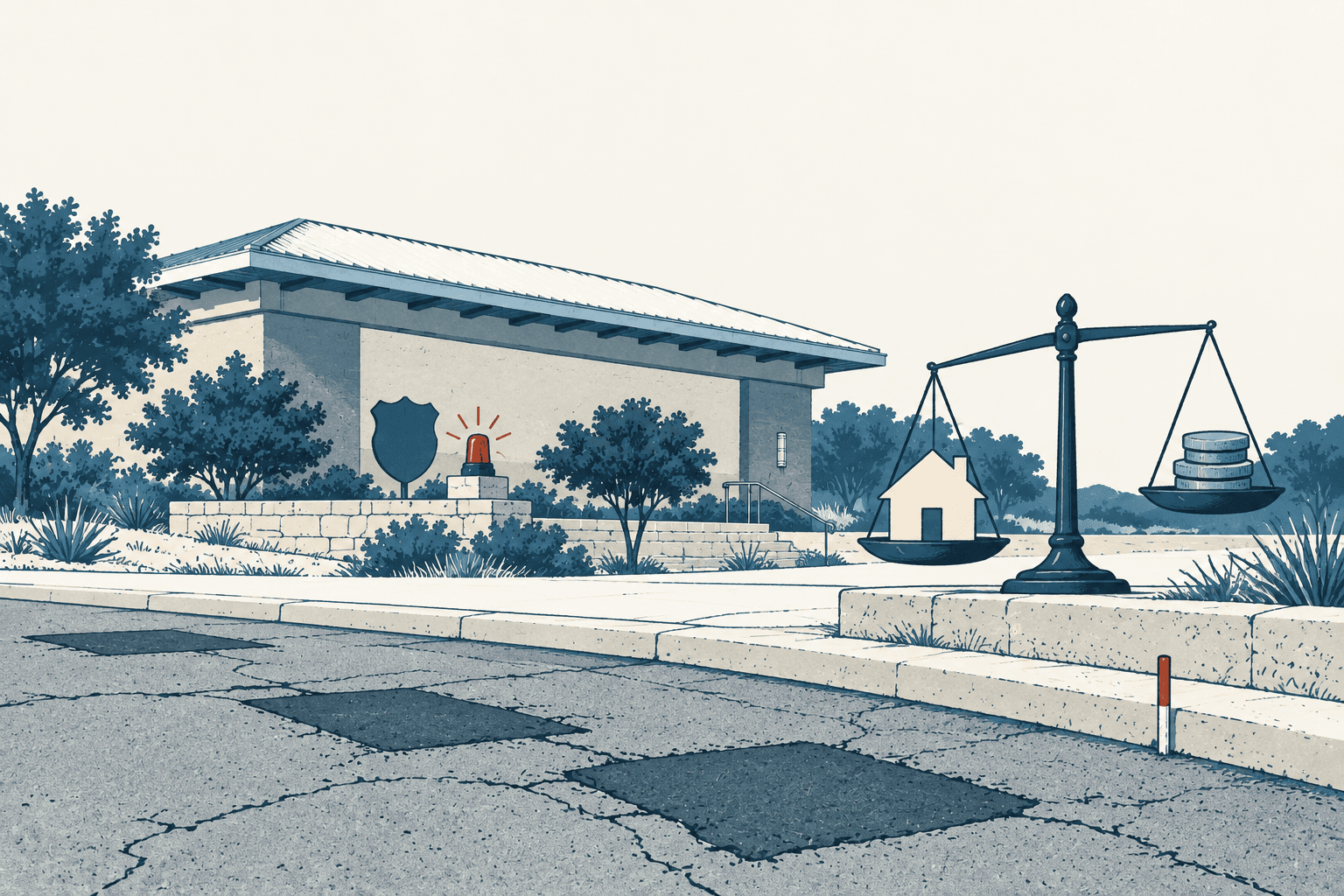 Editorial illustration of a civic building with an emergency beacon and shield, a patched roadway, and a balance scale weighing a house against stacked coins.