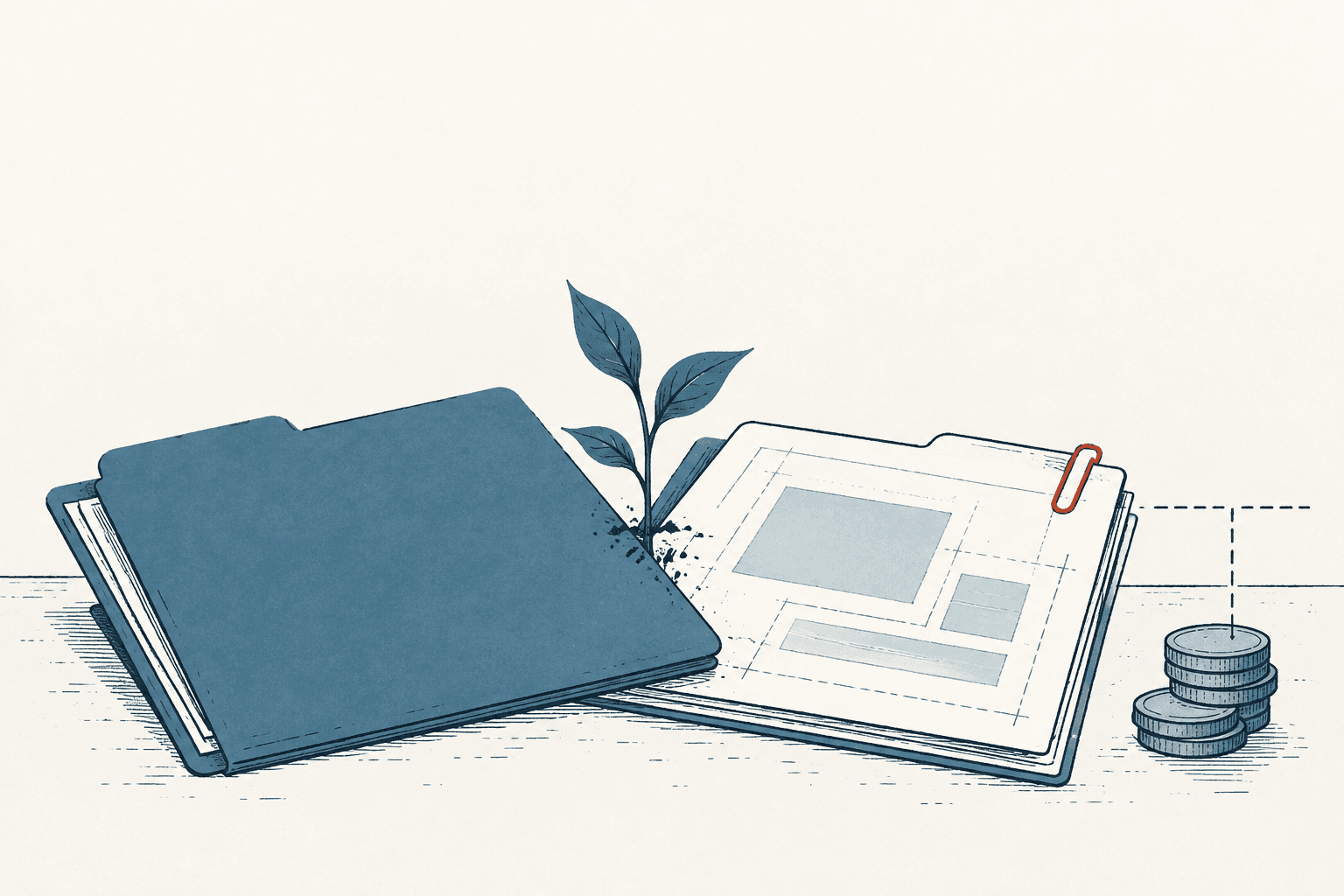 An open blue folder and a blank planning document sit beside a small seedling and stacks of coins, drawn in muted blue ink on a cream background.