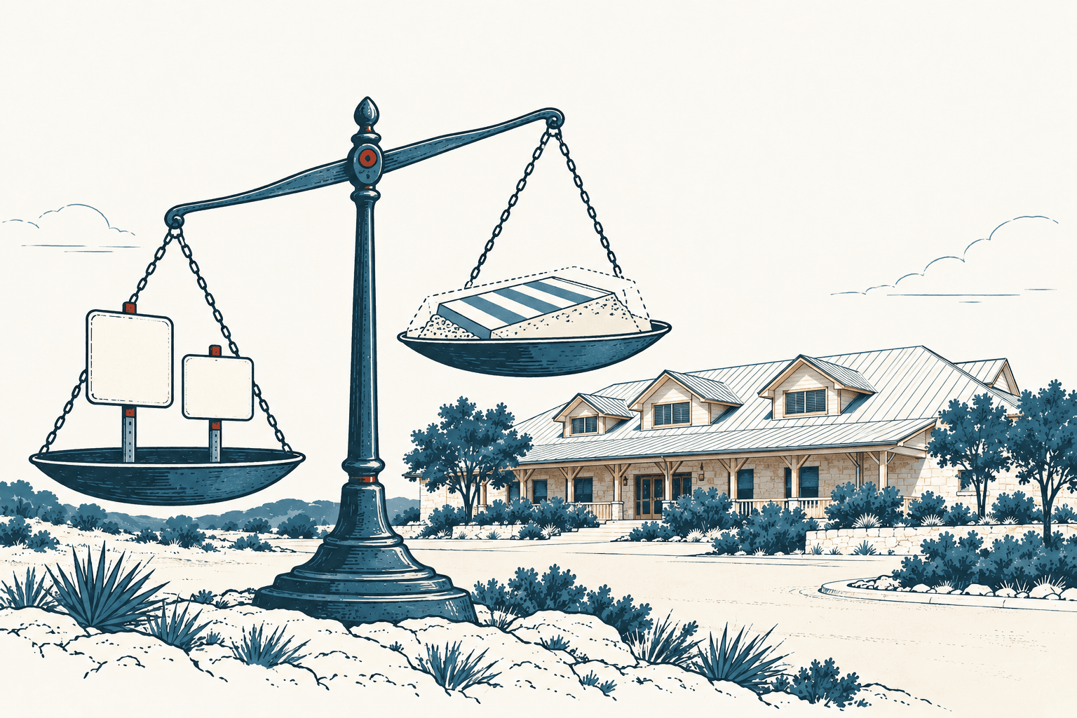 Editorial illustration of a balance scale holding blank traffic signs on one side and a striped raised crosswalk on the other, with a civic building in the background.