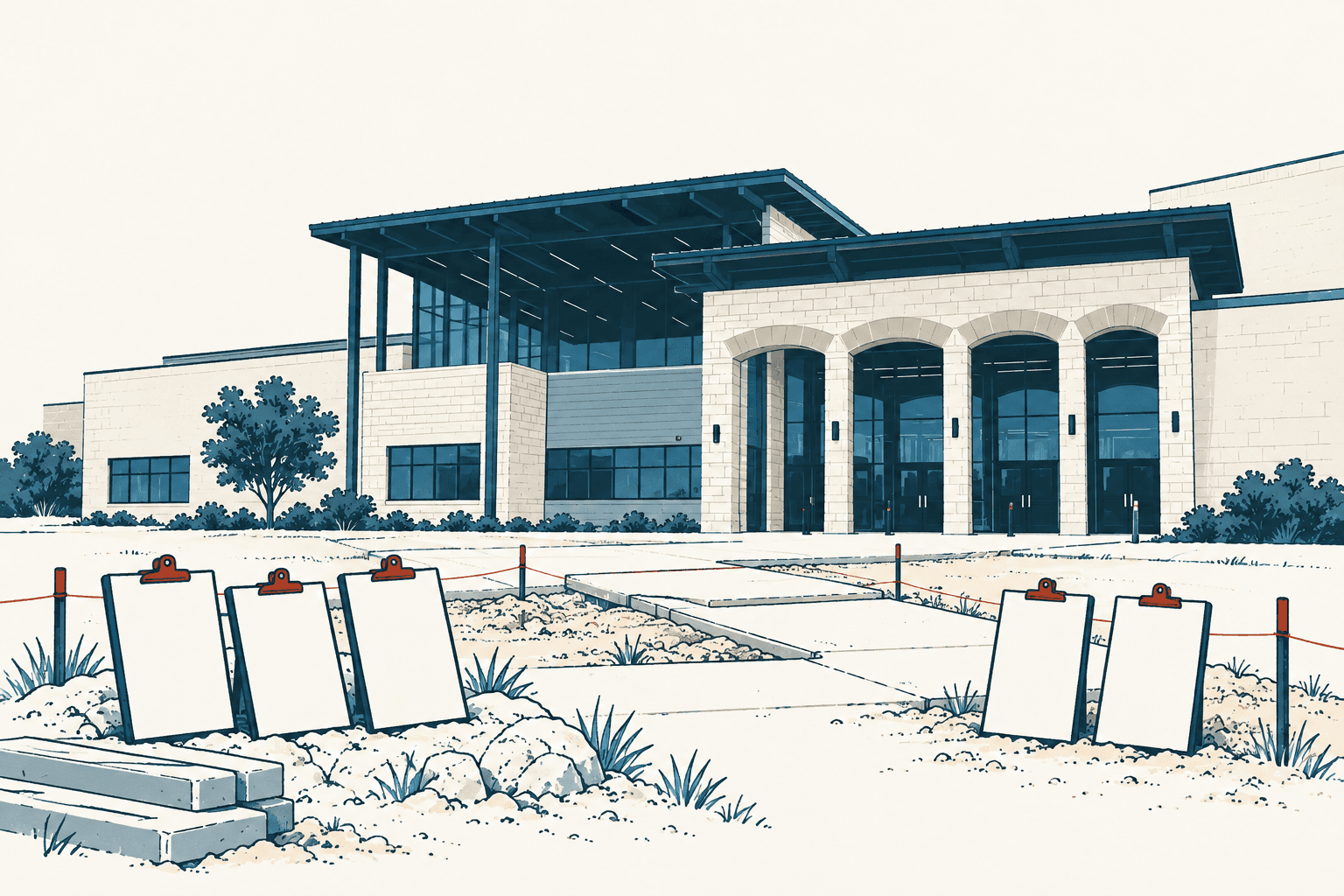 Stylized cream, navy and muted-blue illustration of a newly constructed high school with five blank inspection clipboards in the foreground.