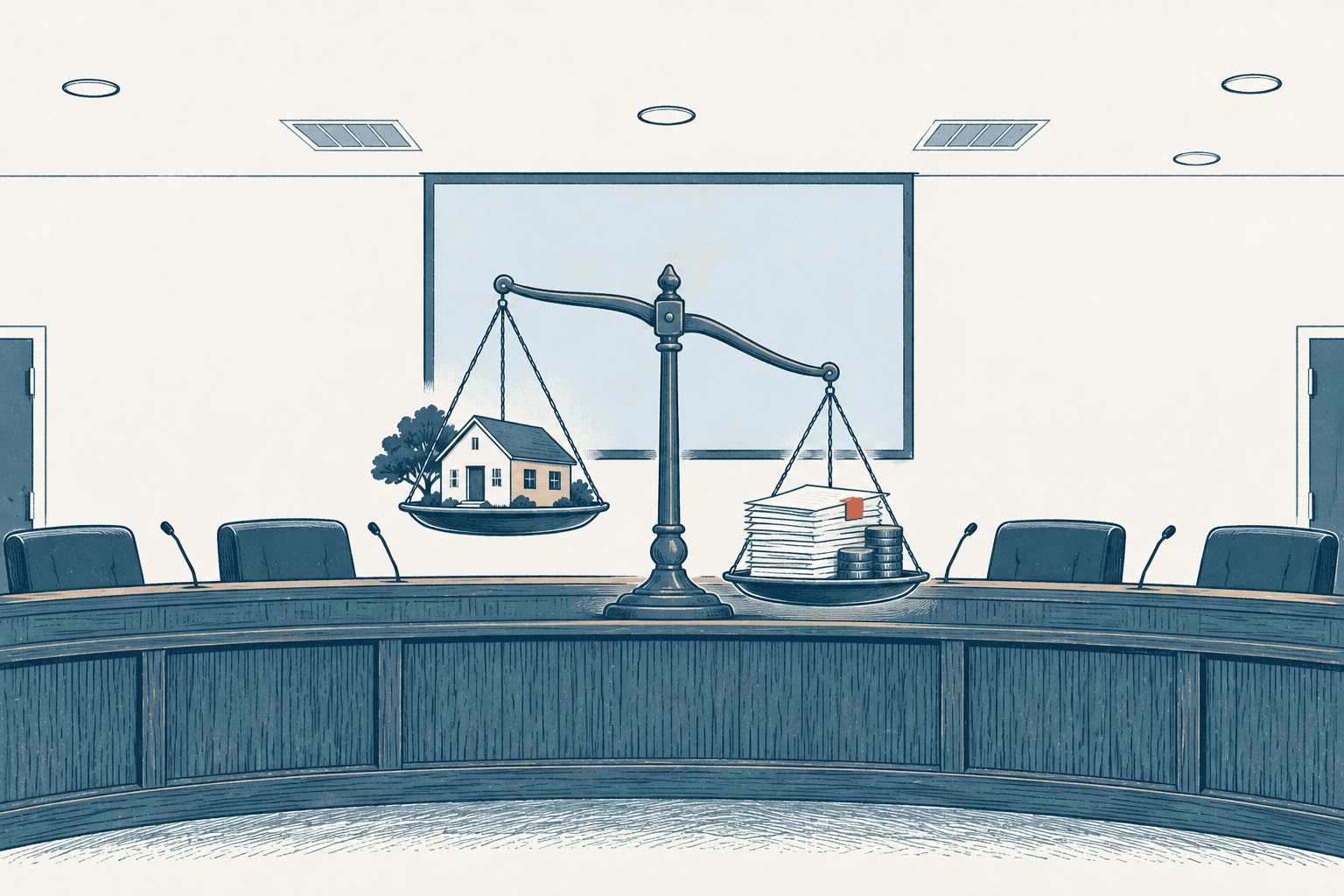 An empty council chamber with a large balance scale holding a house on one side and stacks of documents and coins on the other.