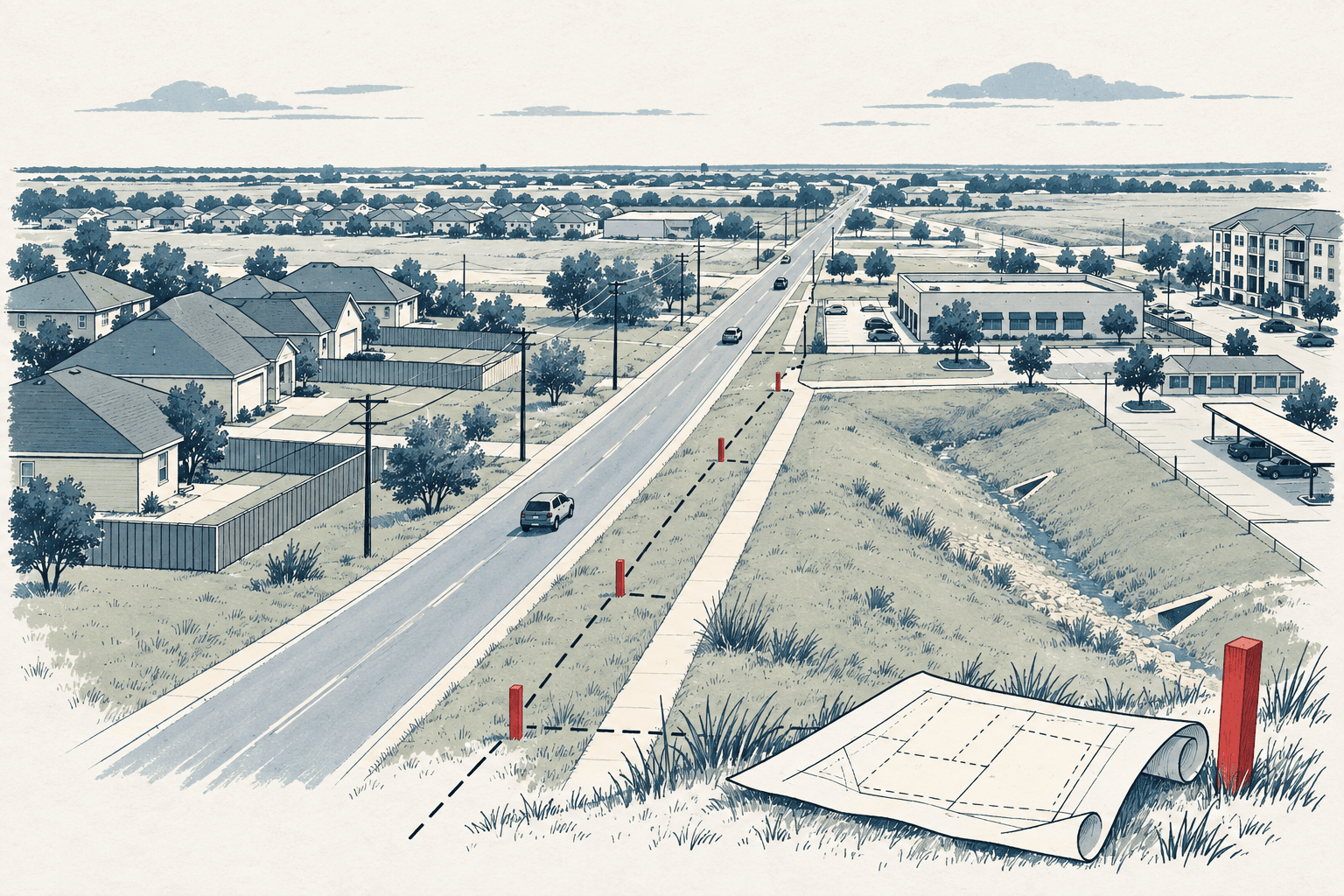 Airy hand-drawn view of a suburban road bordered by homes, businesses and open drainage land, with rust-colored survey stakes and a rolled site plan in the foreground.