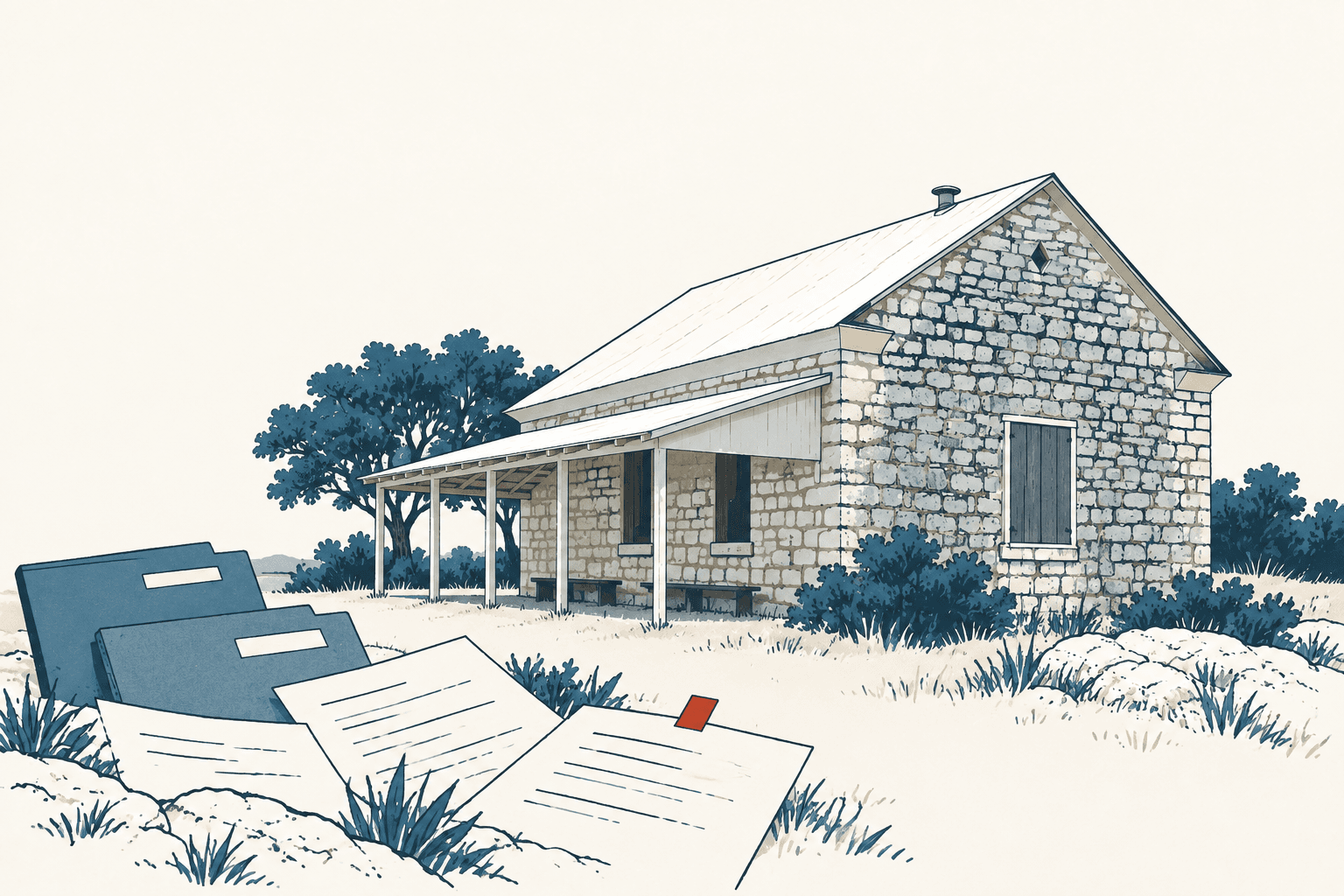 Airy cream and muted-blue illustration of a historic stone schoolhouse, with folders and loose research papers in the foreground.