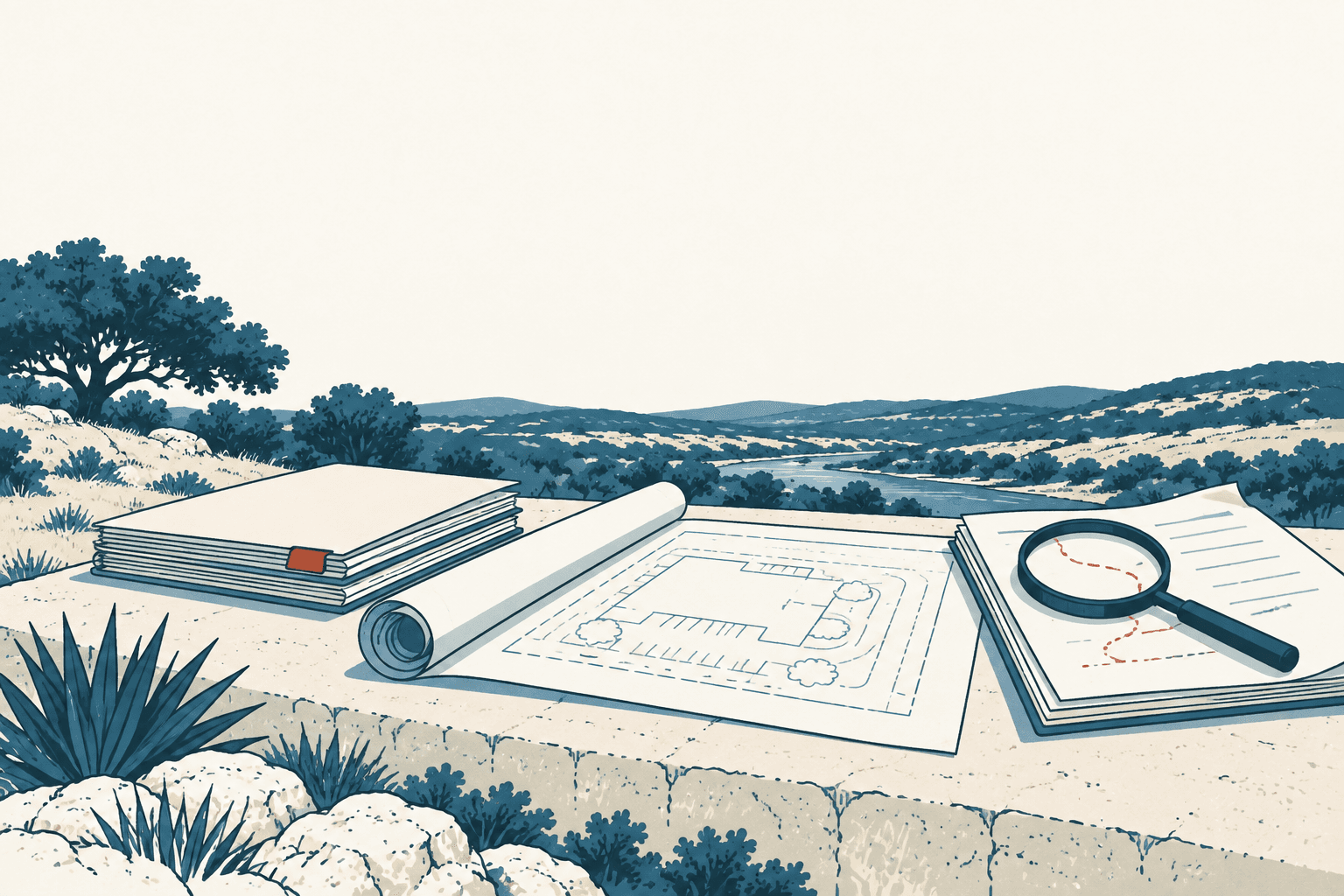 Editorial illustration of rolled building plans, document folders, and a magnifying glass on a stone ledge overlooking a muted blue and cream Texas landscape.