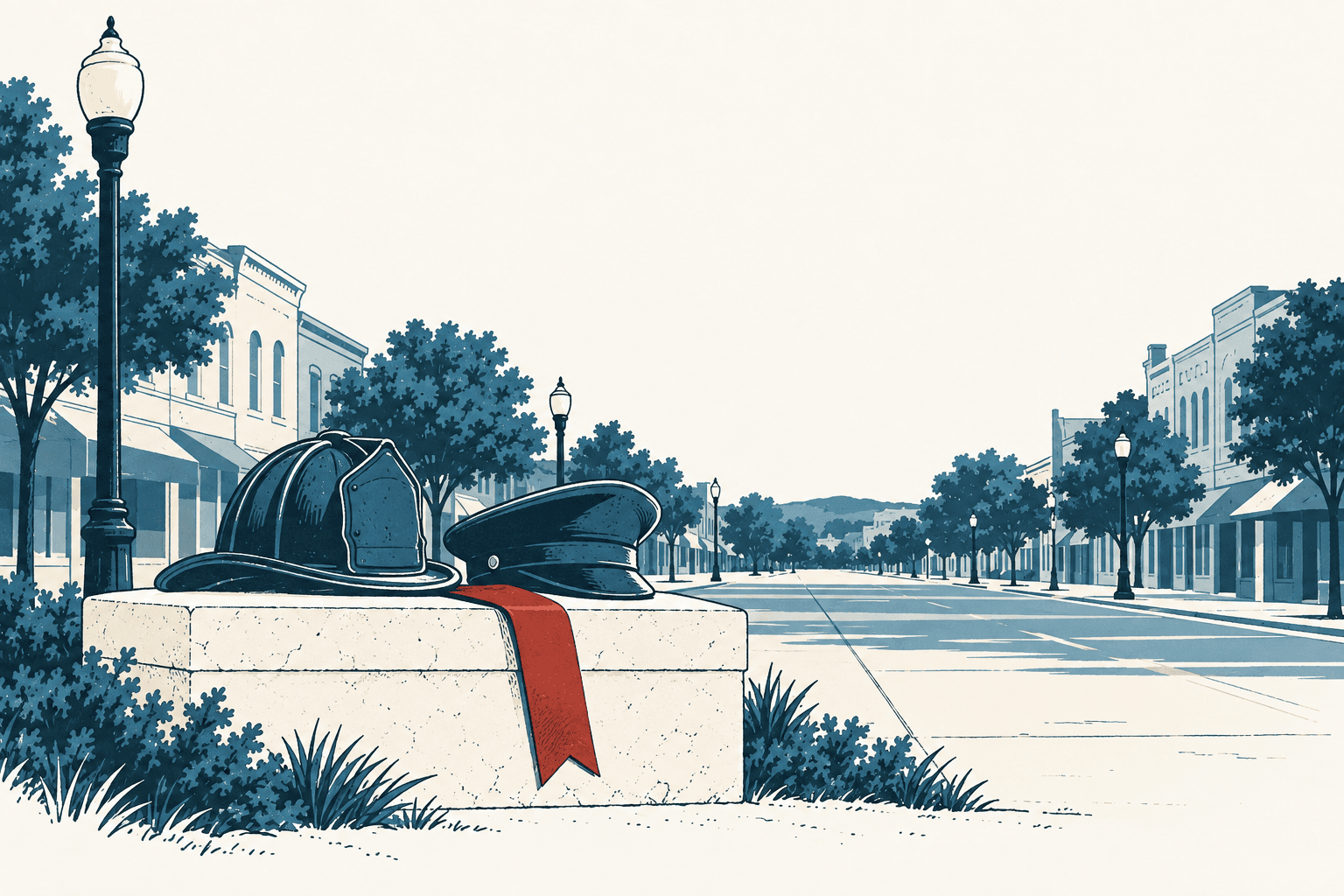 Navy firefighter and police hats with a red memorial ribbon sit on a stone wall along a quiet, tree-lined downtown street.