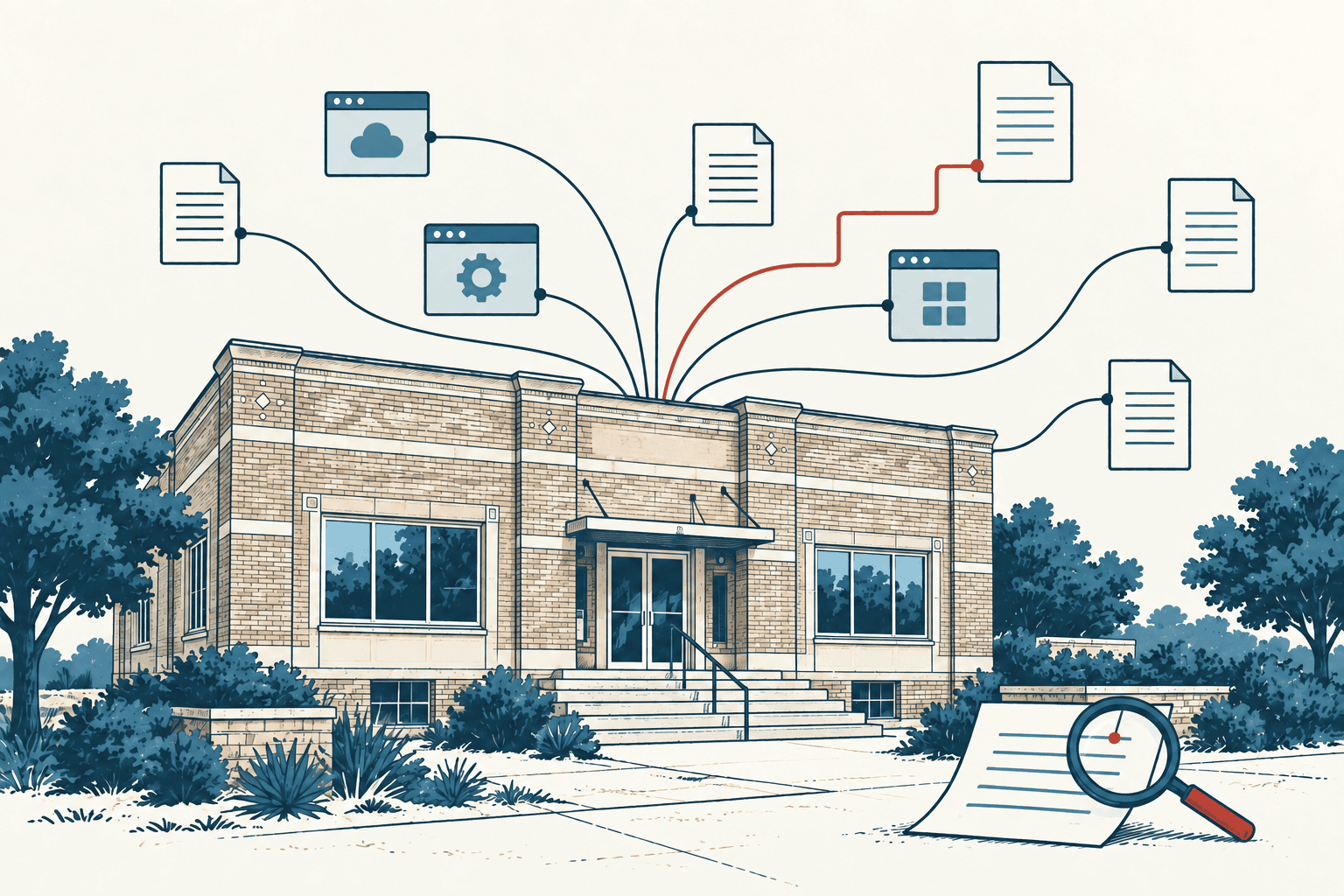 Airy cream, navy and muted-blue illustration of a municipal building connected by lines to document, cloud, settings and software icons, with a magnifying glass examining a paper in the foreground.