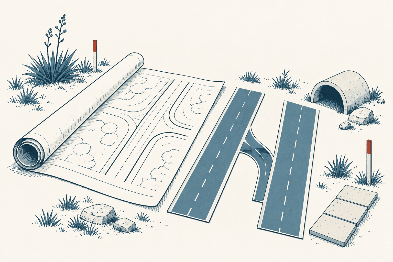 Editorial illustration of a rolled roadway plan beside divided road sections with a curved turn lane, drainage culvert, sidewalk slabs, rocks and sparse plants.