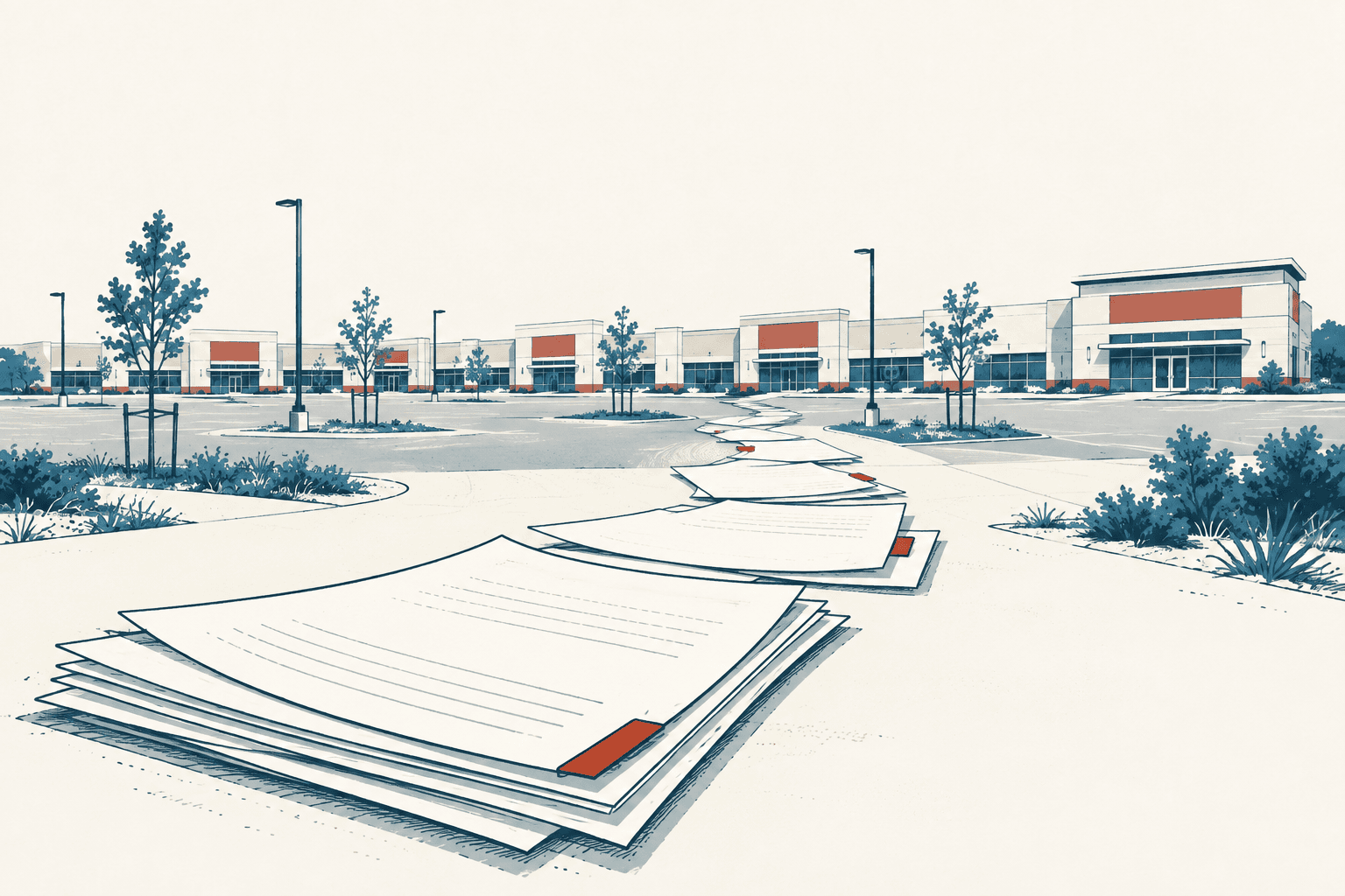 Stylized cream, navy, muted-blue and rust illustration of public-comment papers stretching across an empty plaza toward a large college campus.