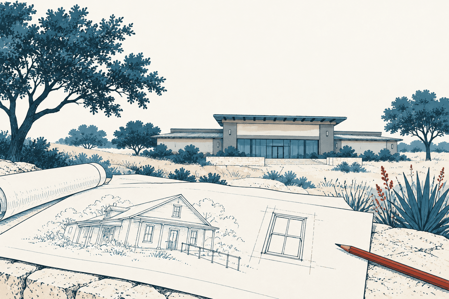 Architectural drawings of a house and window lie beside a pencil, with a building and blue trees in the background.