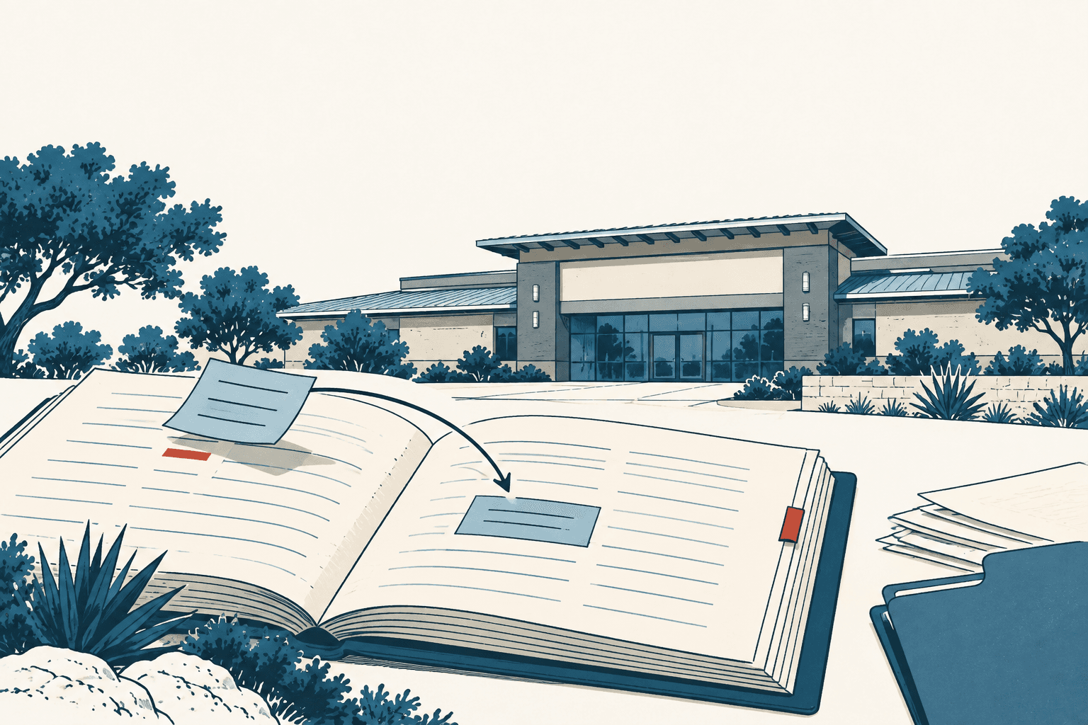 Stylized cream and navy illustration of an open accounting ledger with an arrow between entries, set before a municipal building.