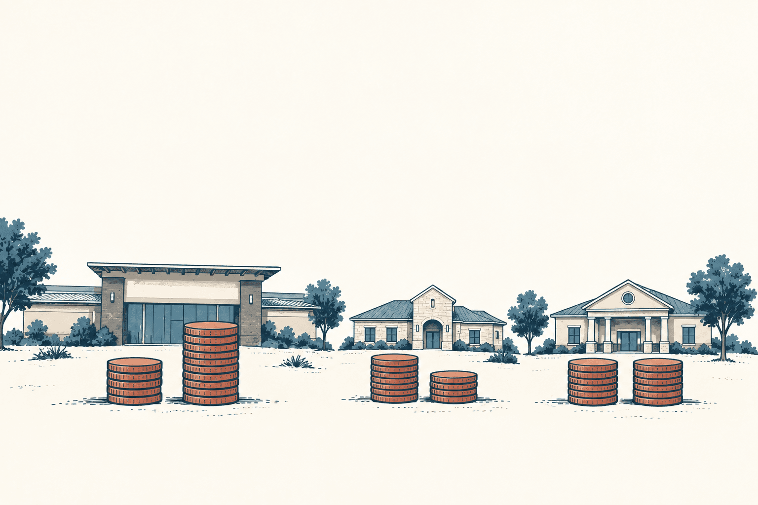 Three civic buildings stand behind groups of rust-colored coin stacks of varying heights on a cream background.
