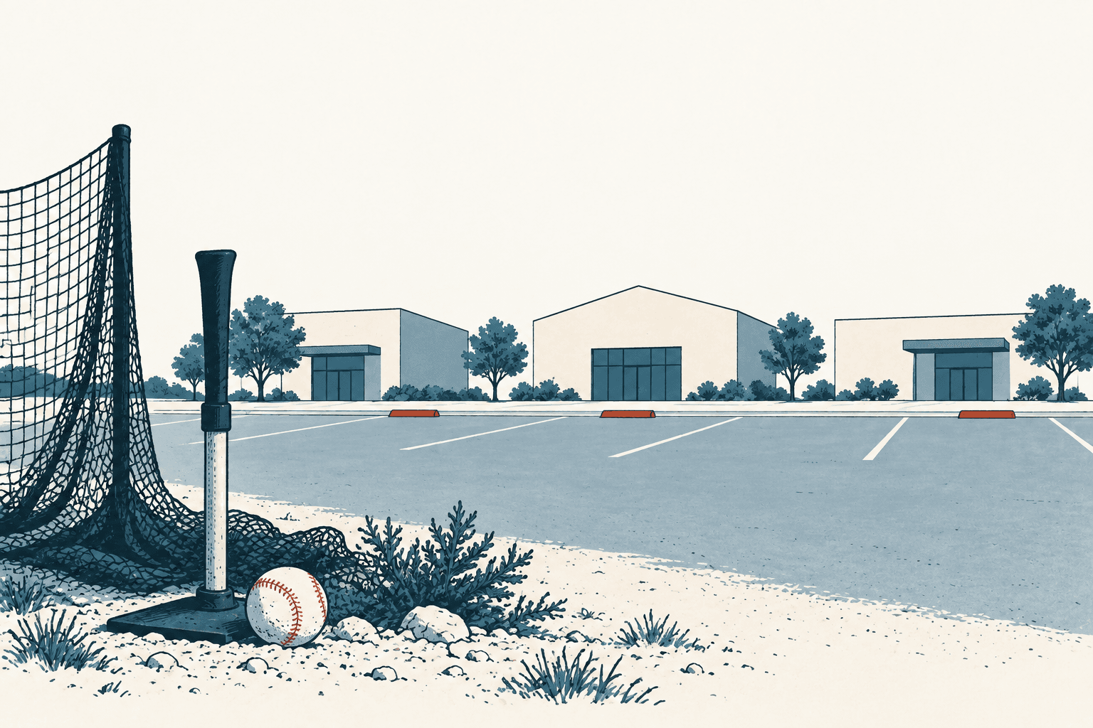 An illustrated baseball, batting tee and practice net sit beside a mostly empty parking lot shared by three commercial buildings.