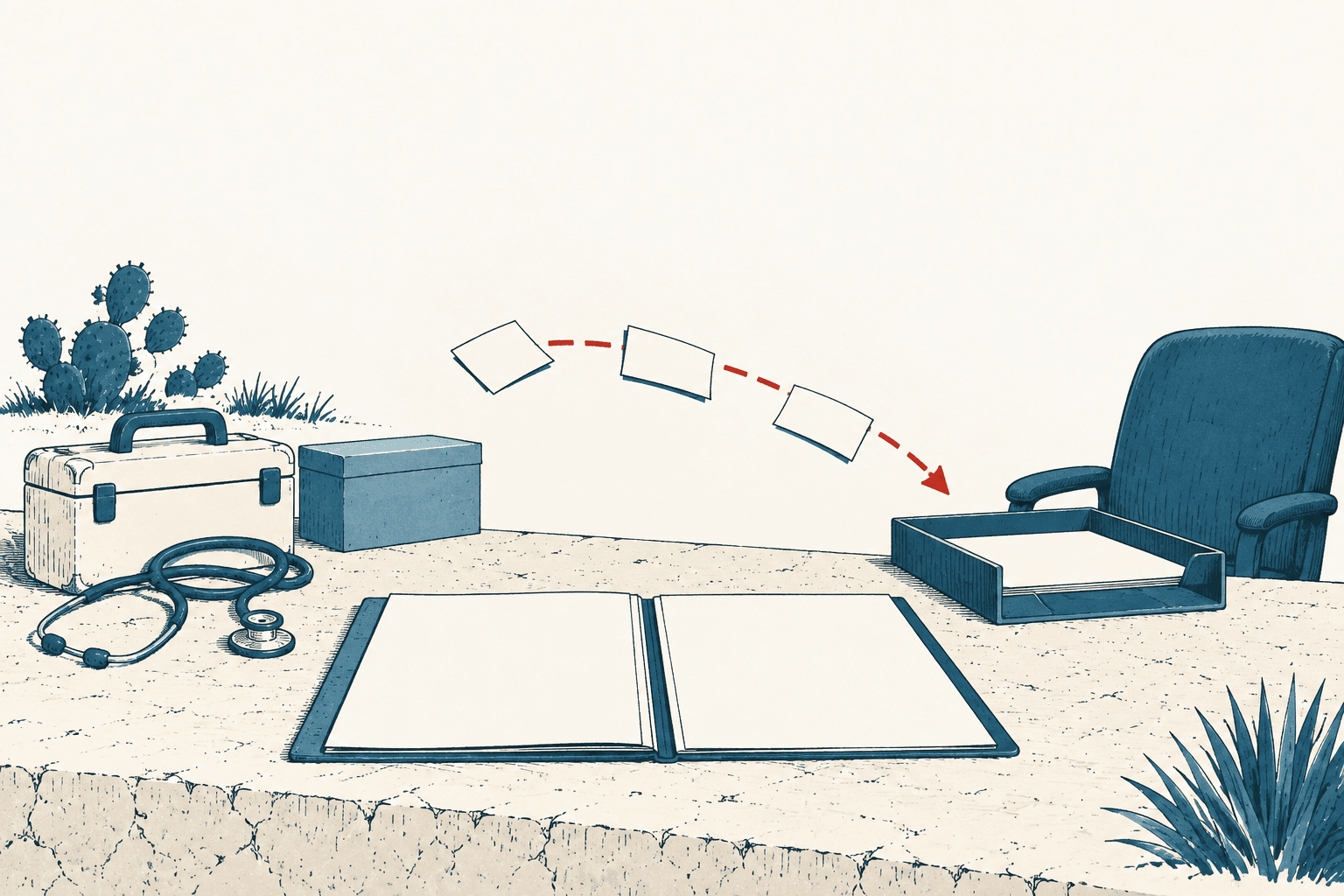 An open folder, medical kit and stethoscope sit on a desk as loose papers follow a red dashed arrow toward an office inbox and empty chair.