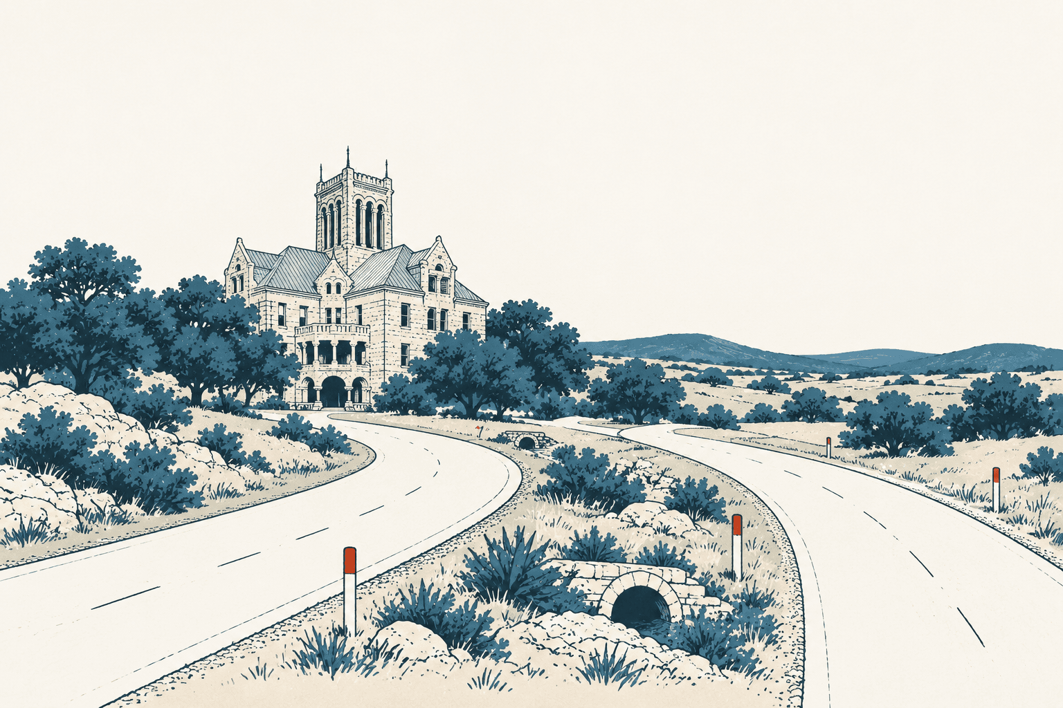 Two curving roads pass blue shrubs and a stone drainage culvert near a large towered building.
