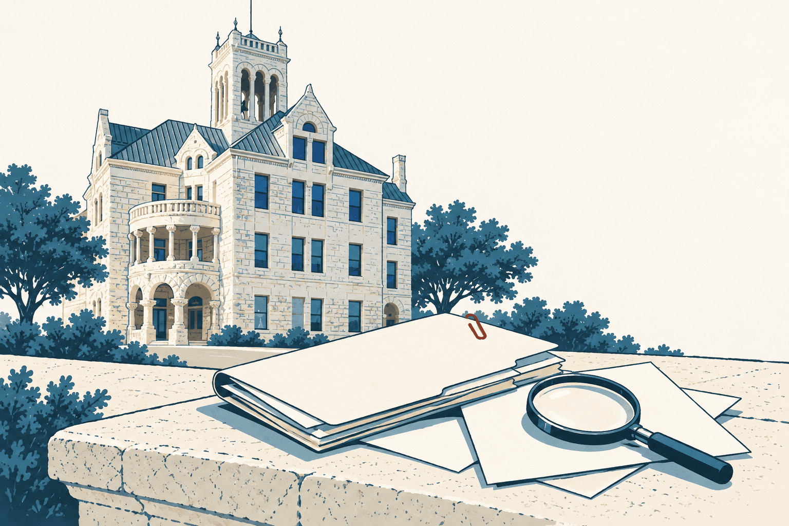 Stylized cream, navy, and muted-blue illustration of a civic building behind a folder of papers and a magnifying glass.