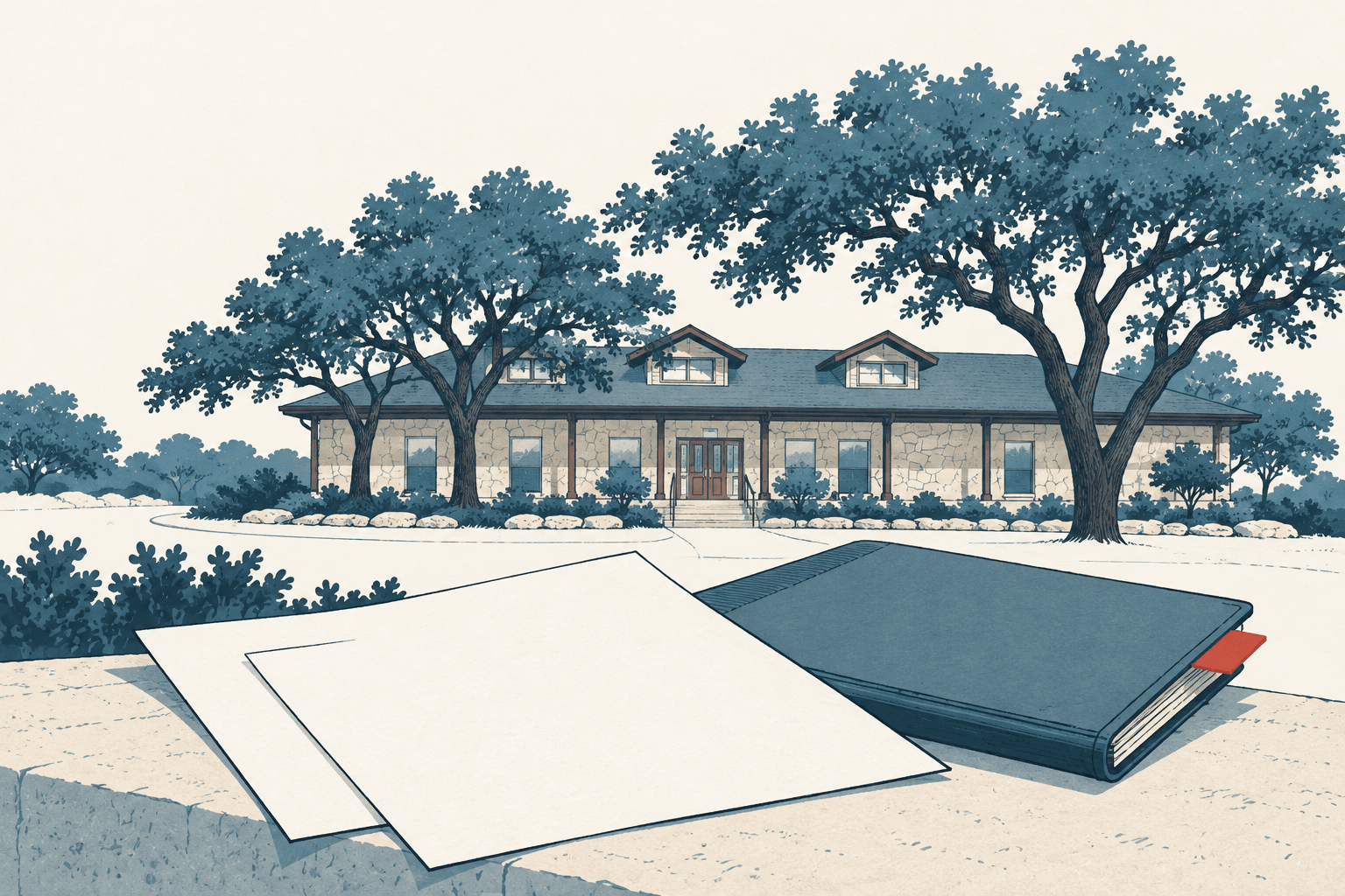 Blank papers and a blue binder sit in front of a low stone building framed by large oak trees.